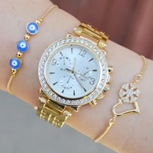 Gold Metal Kordon Taşlı Paşa Model Lüx Bileklikli Kadın Saat Kombini 3450