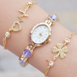 Gold Taşlı Metal Kordon Kadın Saat Kombini 3593