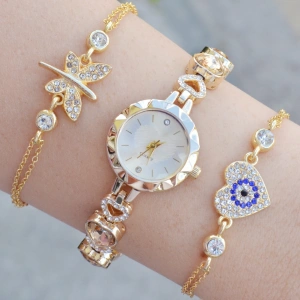 Gold Taşlı Metal Kordon Kadın Saat Kombini 3601