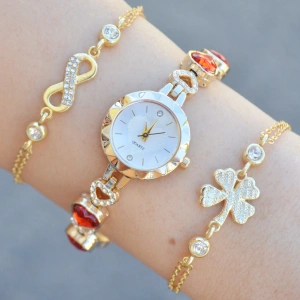 Gold Taşlı Metal Kordon Kadın Saat Kombini 3610