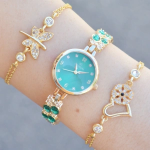 Gold Taşlı Metal Kordon Kadın Saat Kombini 3628