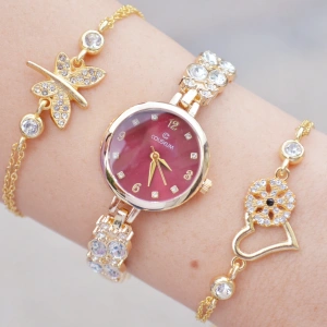 Gold Taşlı Metal Kordon Kadın Saat Kombini 3641