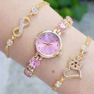 Gold Taşlı Metal Kordon Kadın Saat Kombini 3597