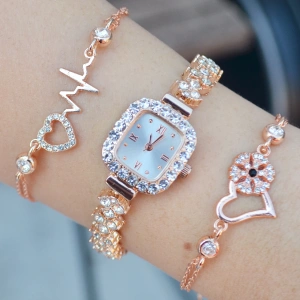 Rose Taşlı Metal Kordon Kadın Saat Kombini 3453
