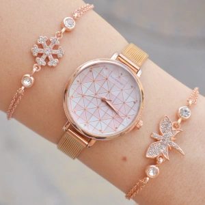 Rosegold Hasır Kordon Kadın Saat Kombini 3657