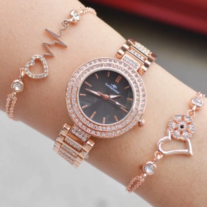 Rosegold Metal Kordon Taşlı Kadın Saat Kombini 2755