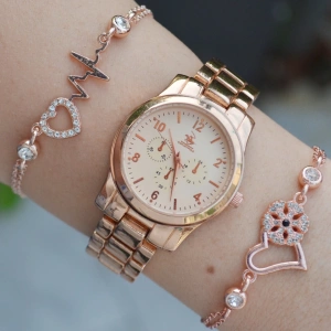 Rosegold Metal Kordon Kadın Saat Kombini 2425