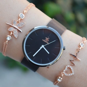 Siyah Hasır Kordon Kadın Saat Kombini 2410