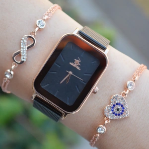 Siyah Hasır Kordon Kadın Saat Kombini 2411