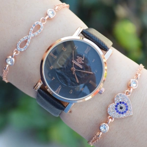 Siyah Deri Kordon Kadın Saat Kombini 2427