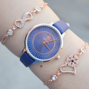 Mavi Deri Kordon Kadın Saat Kombini 2432