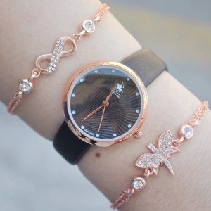 Siyah Deri Kordon Kadın Saat Kombini 2435