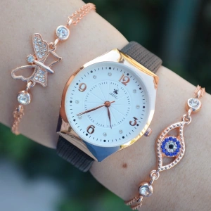 Siyah Deri Kordon Kadın Saat Kombini 2441