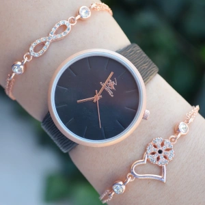 Siyah Deri Kordon Kadın Saat Kombini 2444