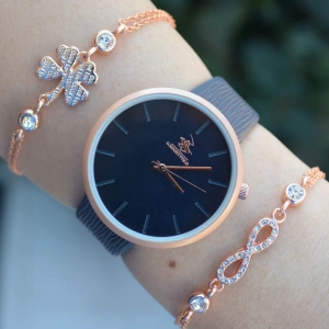 Lacivert Deri Kordon Kadın Saat Kombini 2445