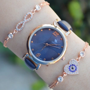 Lacivert Deri Kordon Kadın Saat Kombini 2448