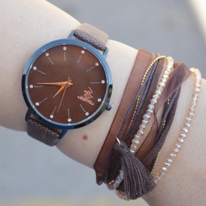 Kahverengi Deri Kordon Kadın Saat Kombini 2453