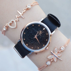 Siyah Kumaş Kordon Kadın Saat Kombini 2456