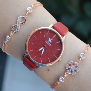 Kırmızı Deri Kordon Kadın Saat Kombini 2457