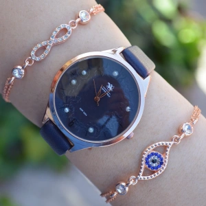 Siyah Deri Kordon Kadın Saat Kombini 2460