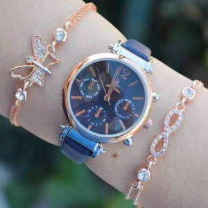 Lacivert Deri Kordon Bayan Saat Kombini 2462