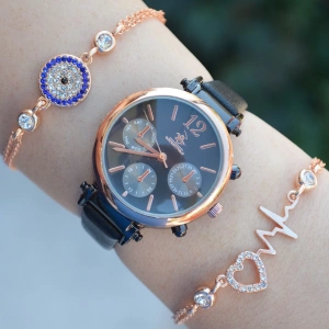 Siyah Deri Kordon Kadın Saat Kombini 2463