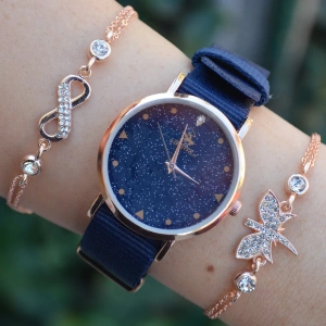 Lacivert Kumaş Kordon Kadın Saat Kombini 2468