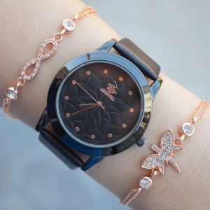 Siyah Deri Kordon Kadın Saat Kombini 2470