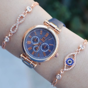 Lacivert Deri Kordon Kadın Saat Kombini 2472