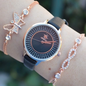 Siyah Deri Kordon Kadın Saat Kombini 2473