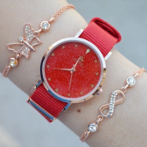 Kırmızı Kumaş Kordon Kadın Saat Kombini 2475