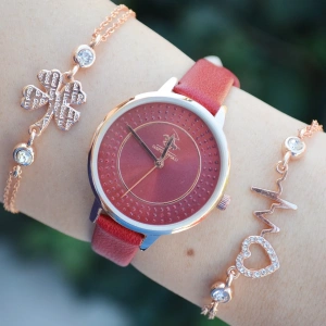 Kırmızı Deri Kordon Kadın Saat Kombini 2478
