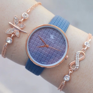 Mavi Deri Kordon Kadın Saat Kombini 2481