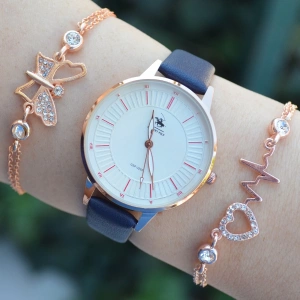 Lacivert Deri Kordon Kadın Saat Kombini 2492