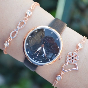 Siyah Deri Kordon Kadın Saat Kombini 2494