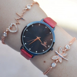 Kırmızı Deri Kordon Kadın Saat Kombini 2496