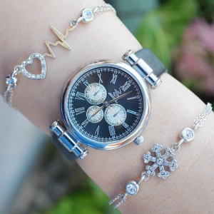 Siyah Deri Kordon Kadın Saat Kombini 2497