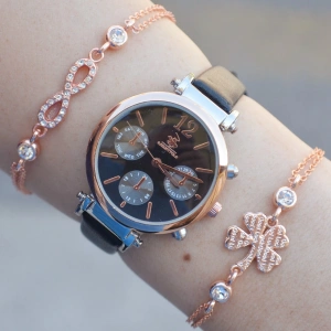 Siyah Deri Kordon Kadın Saat Kombini 2504