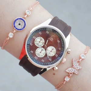 Kahverengi Silikon Kordon Kadın Saat Kombini 2511