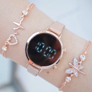 Rose Metal Kordon Dijital Kadın Saat Kombini 2541