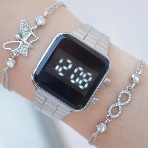 Silver Metal Kordon Dijital Kadın Saat Kombini 2548