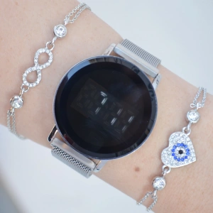 Silver Mıknatıslı Hasır Kordon Dokunmatik Dijital Kadın Saat Kombini 2567