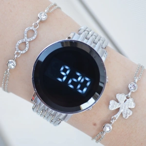 Silver Metal Kordon Dijital Kadın Saat Kombini 2579