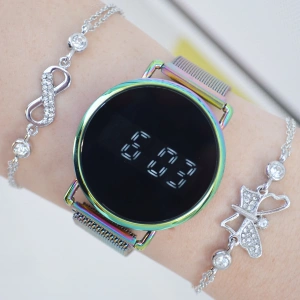 Hologram Renkli Mıknatıslı Hasır Kordon Dijital Kadın Saat Kombini 2588