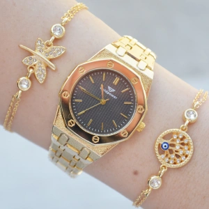Gold Metal Kordon Kadın Saat Kombini 2610