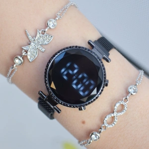 Siyah Mıknatıslı Hasır Kordon Dijital Kadın Saat Kombini 2670