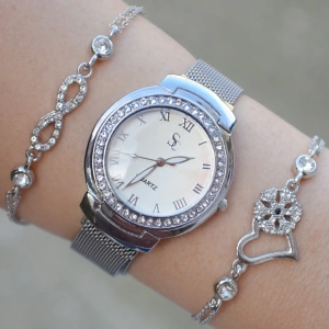 Silver Mıknatıslı Hasır Kordon Kadın Saat Kombini 2716