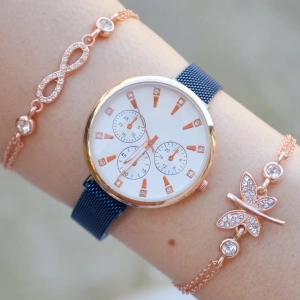 Mavi Mıknatıslı Hasır Kordon Kadın Saat Kombini 2717