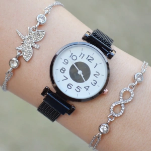 Siyah Mıknatıslı Hasır Kordon Kadın Saat Kombini 2719