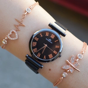 Siyah Mıknatıslı Hasır Kordon Kadın Saat Kombini 2720